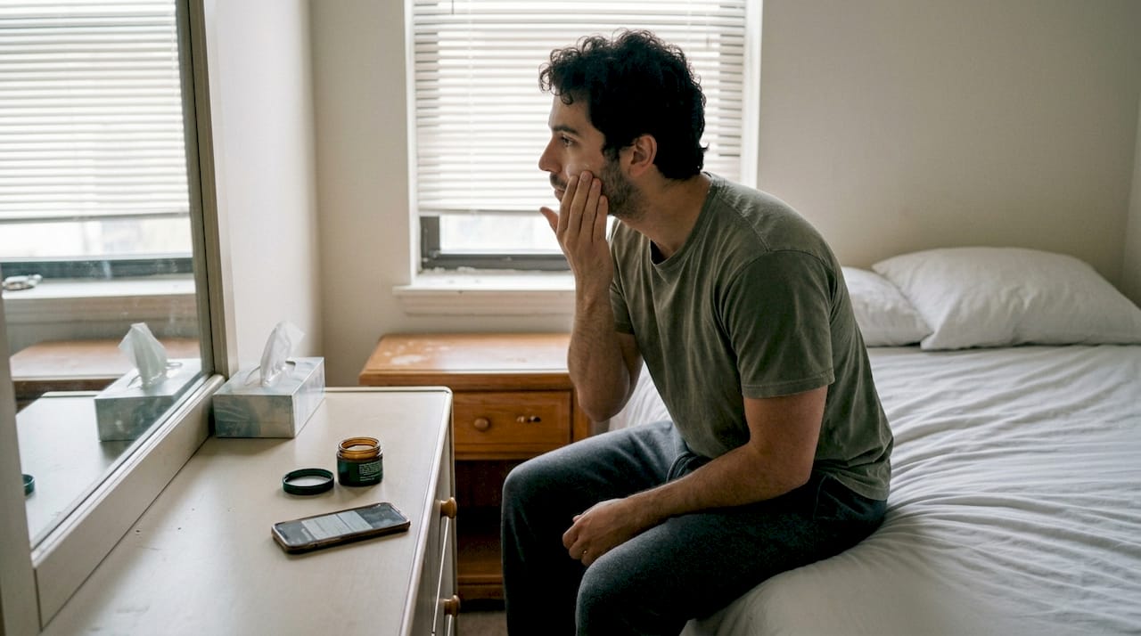 Man adjusting grooming routine by dresser