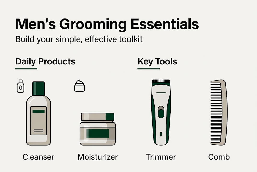 Infographic showing men's grooming toolkit essentials