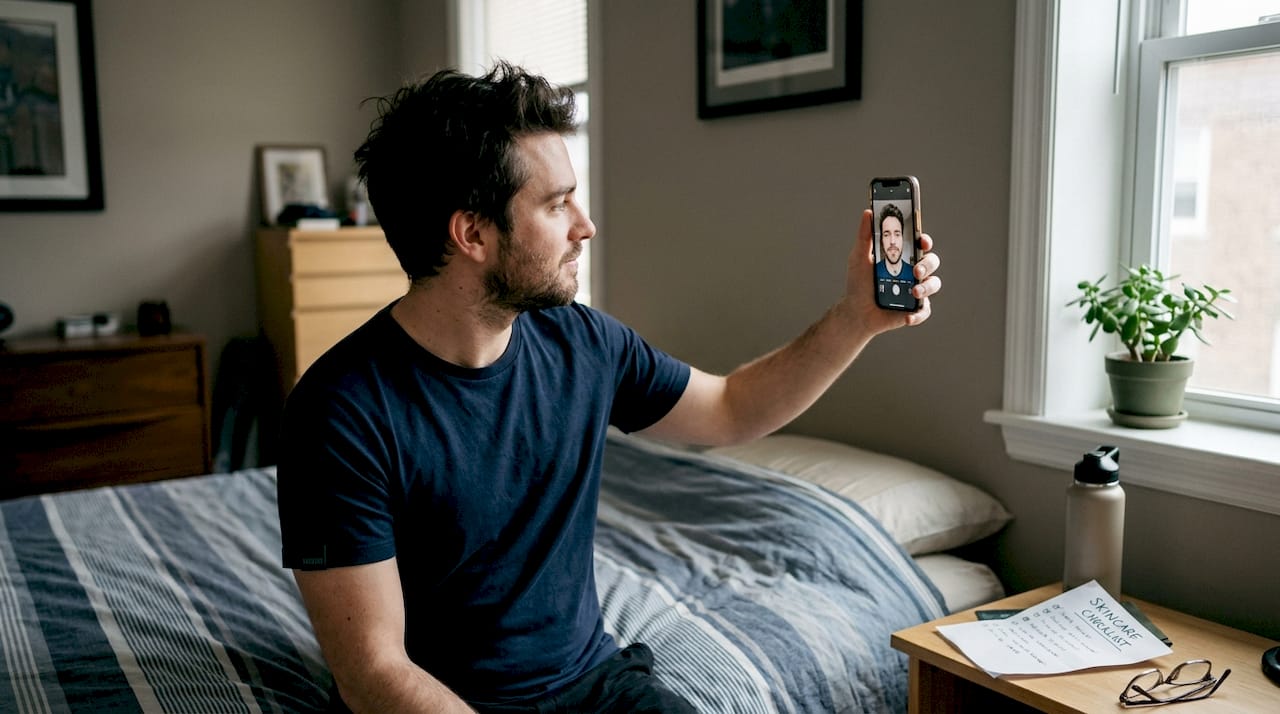 Man taking facial photo for skin tracking
