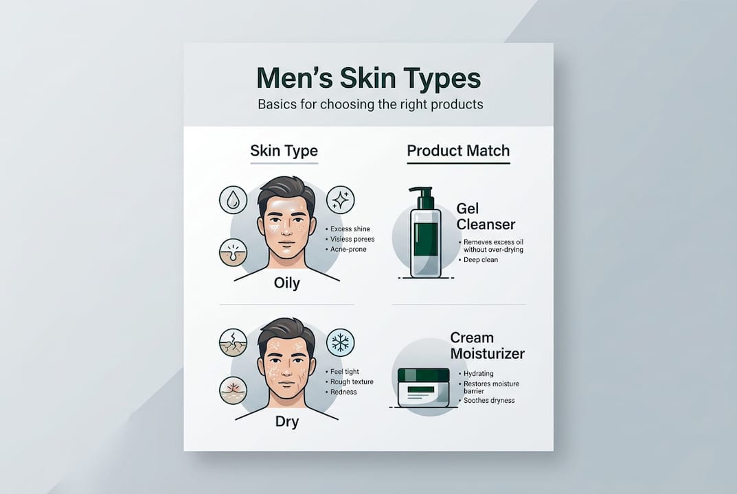 Infographic showing men’s skin types and products