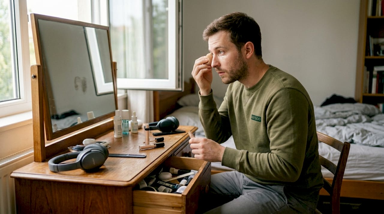 Man blending concealer under eye at dresser