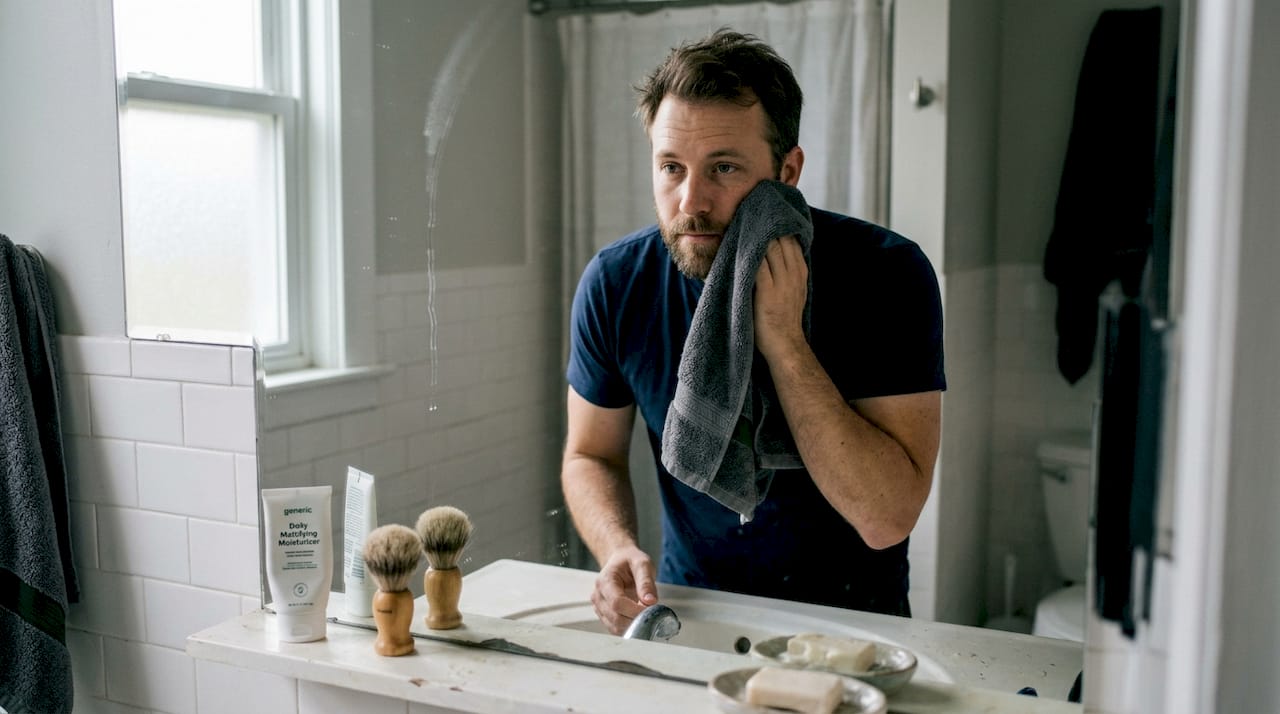 Man drying face after skincare routine