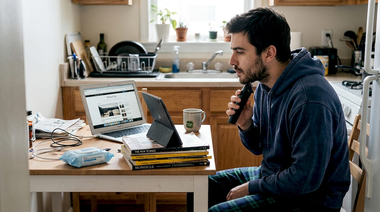 Man grooming beard at cluttered kitchen table