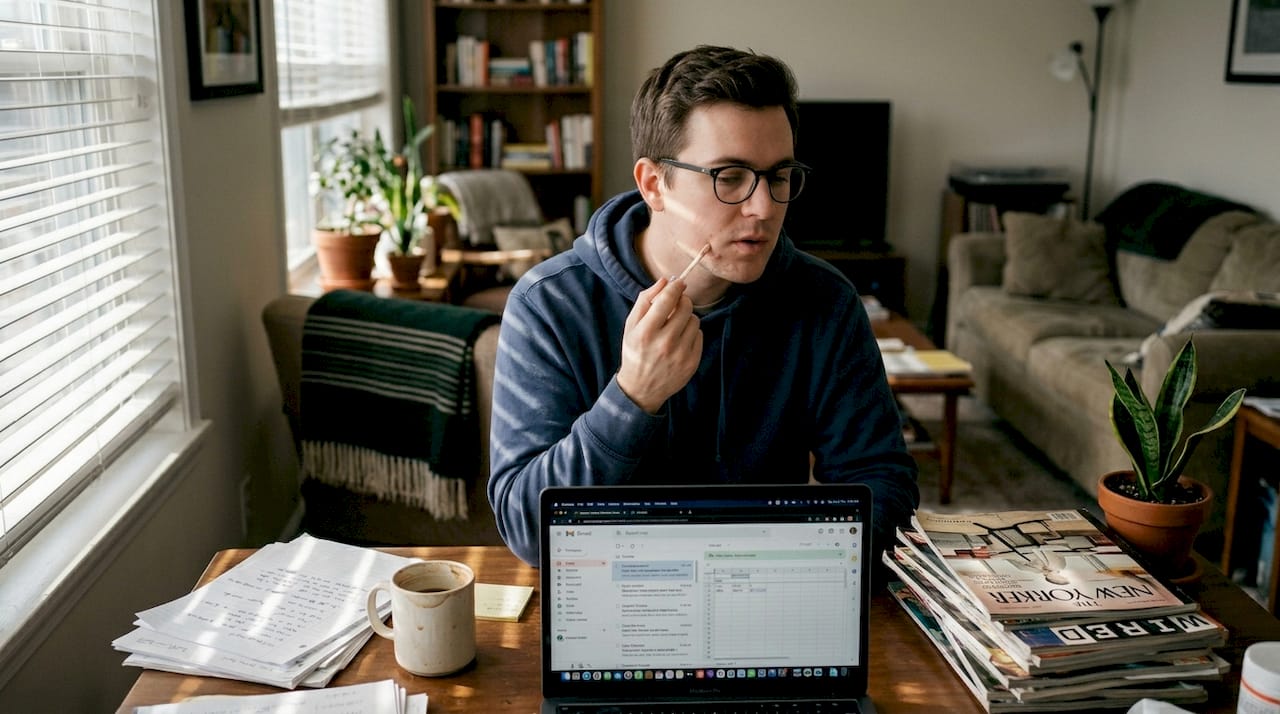 Man working at desk blending concealer in
