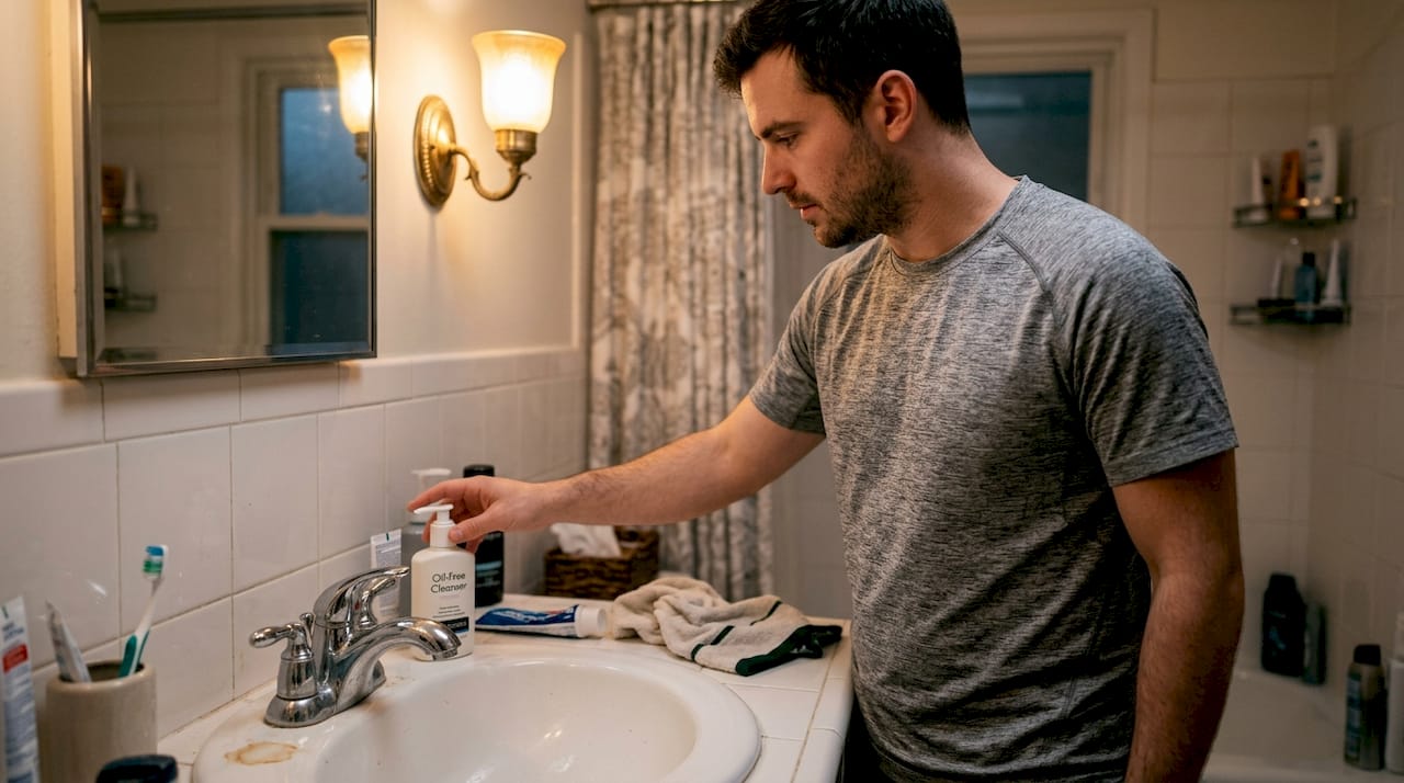 Man starts skincare routine at bathroom sink
