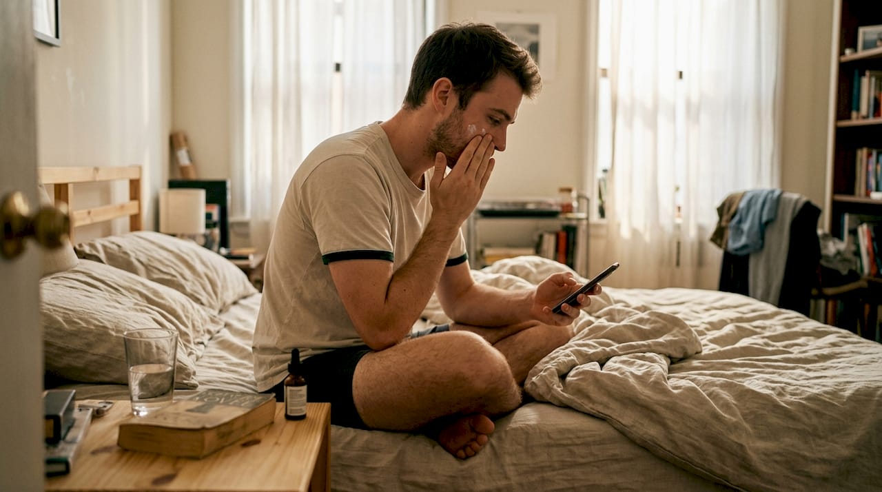 Man applying moisturizer at bedside in morning