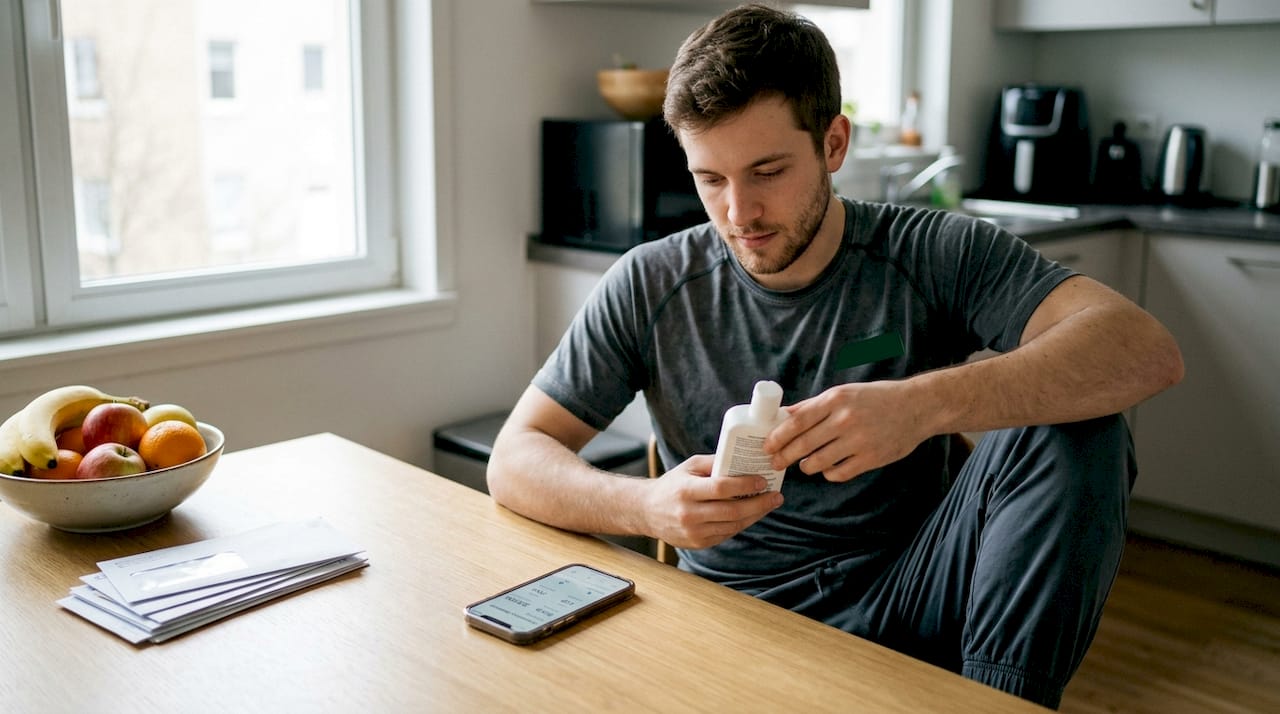 Man reading facial cleanser at kitchen table