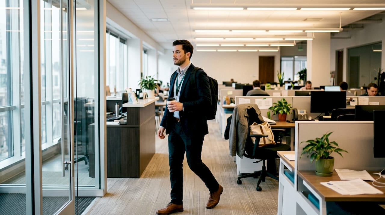 Confident, well-groomed man entering office