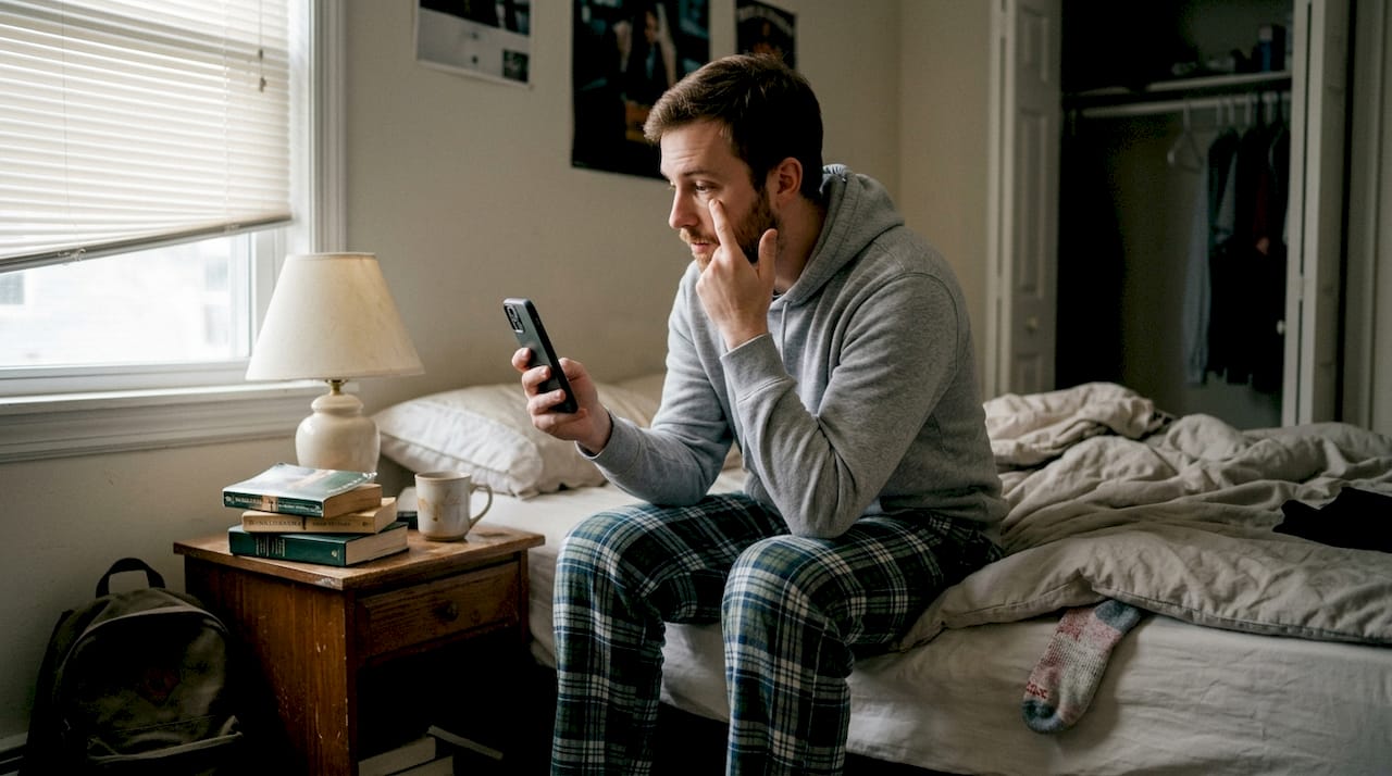 Man applying concealer in casual setting