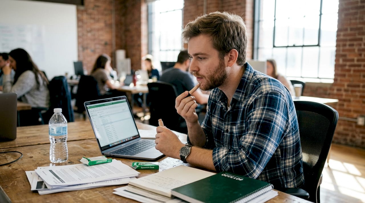 Man using concealer at work desk