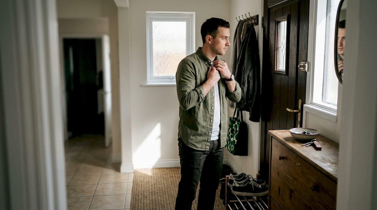 Man straightening collar before leaving home