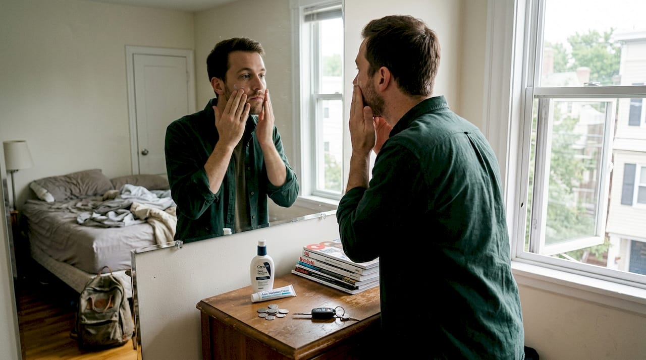 Man layering skincare in home bedroom