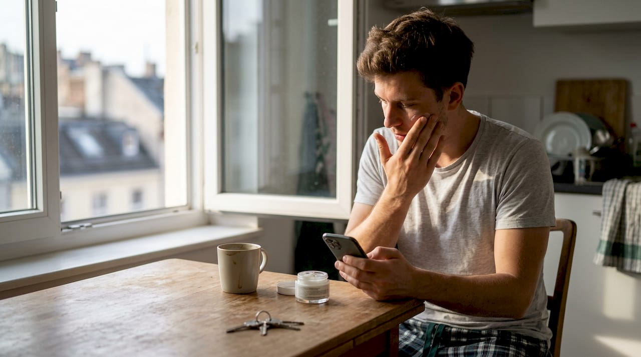 Man applying moisturizer at kitchen table
