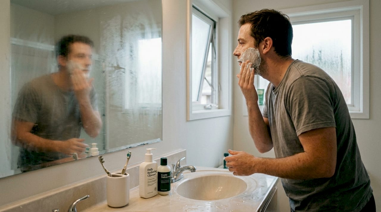 Man using daily skincare at home