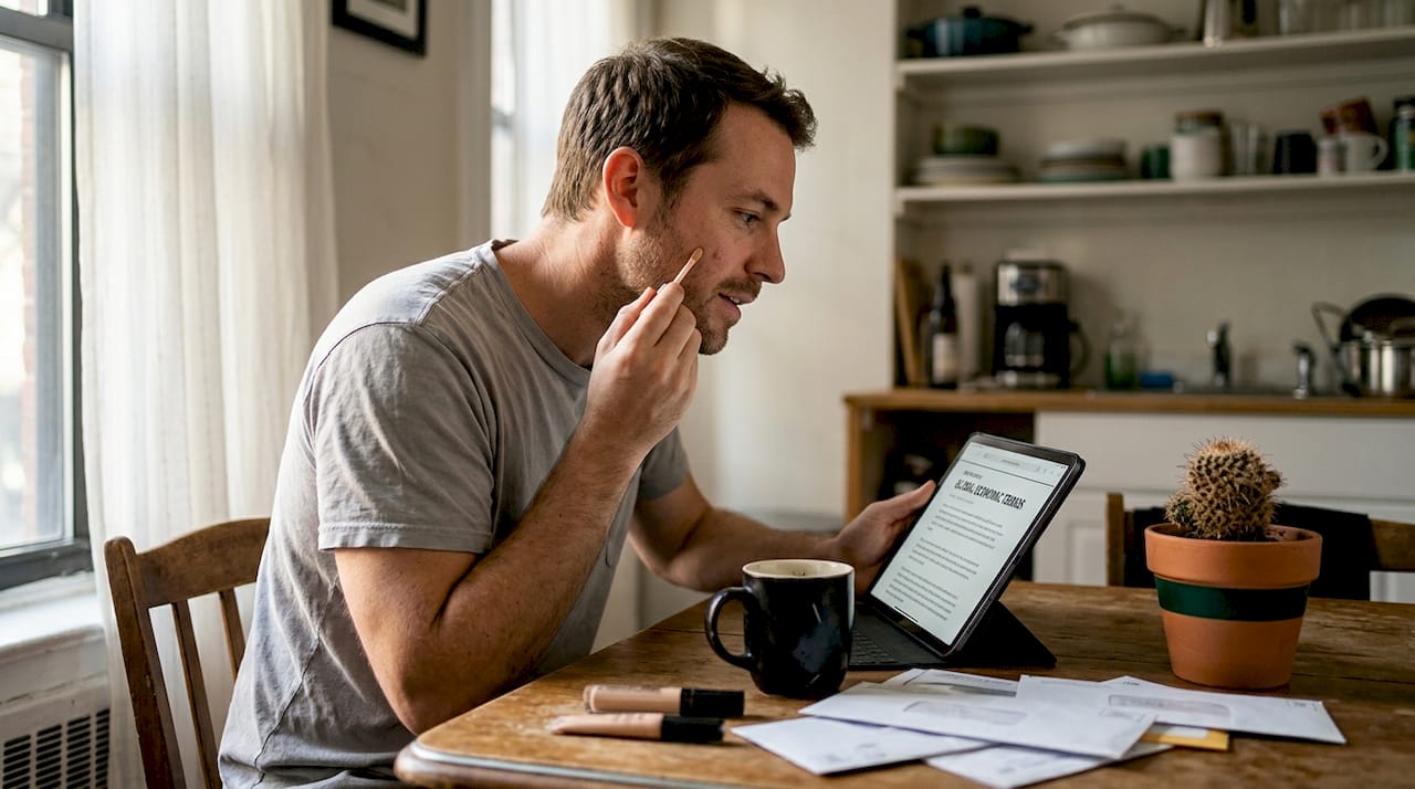 Man uses concealer at kitchen table
