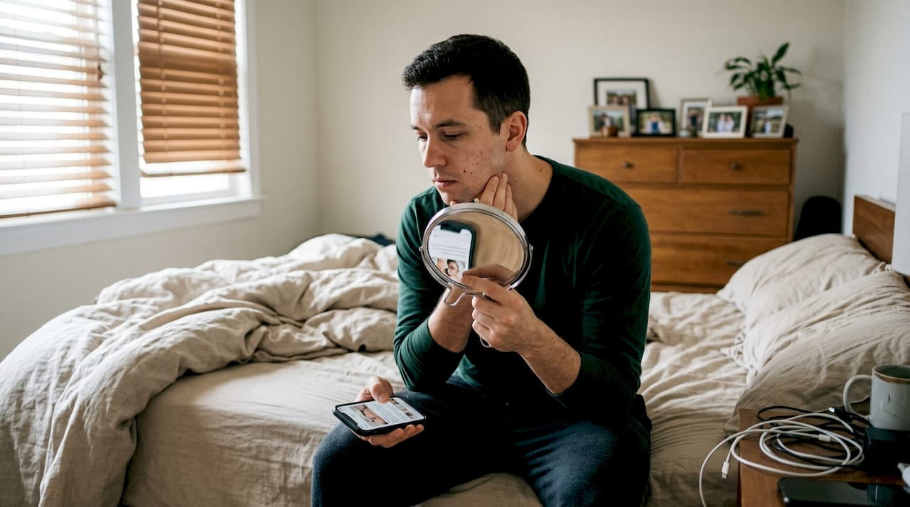 Man examines skin in bedroom mirror