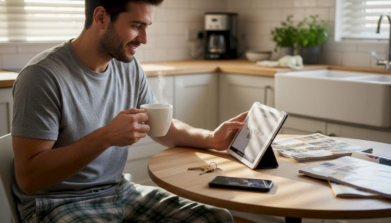Man reading concealer guide at kitchen table