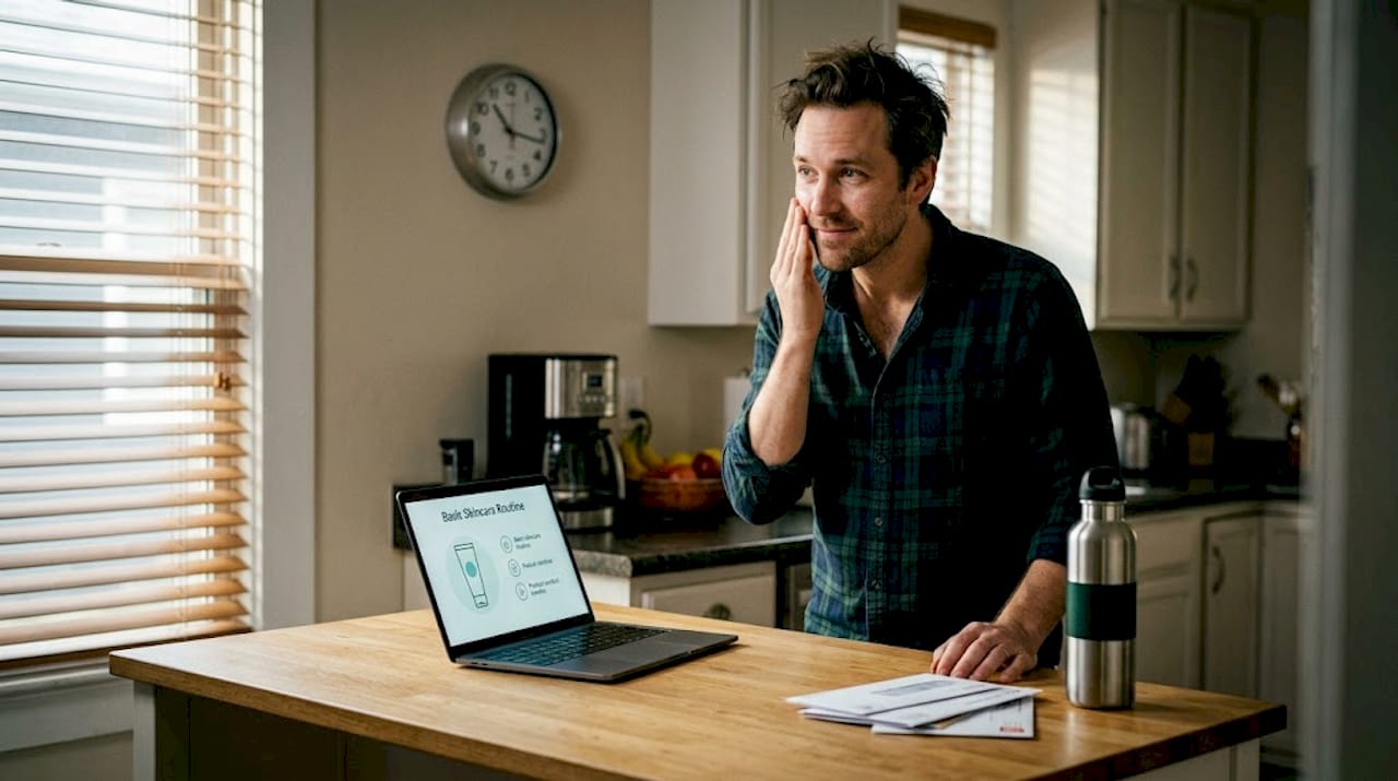 Man applying moisturizer before work in kitchen