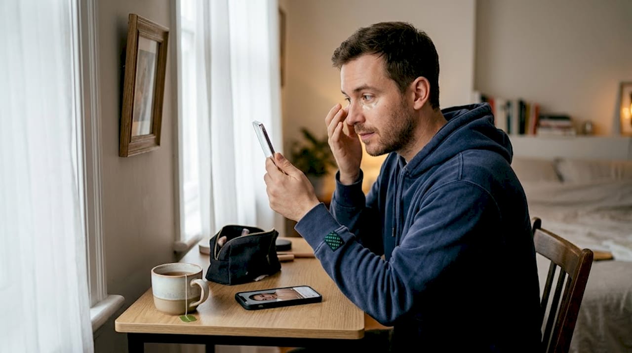Man applying concealer at bedroom desk