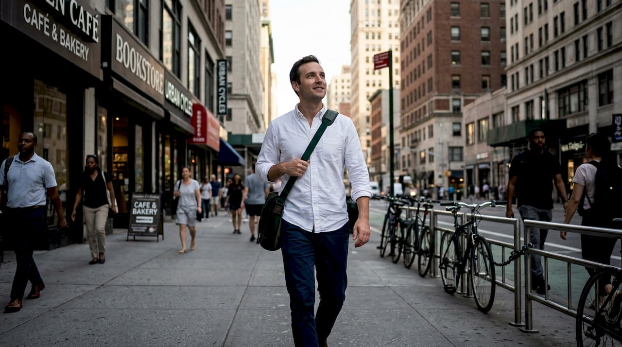 Confident man walking on busy city street