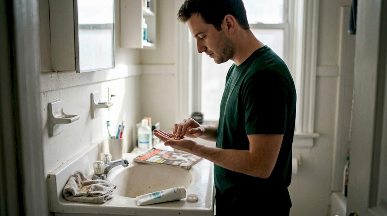 Man using tinted moisturizer at bathroom sink