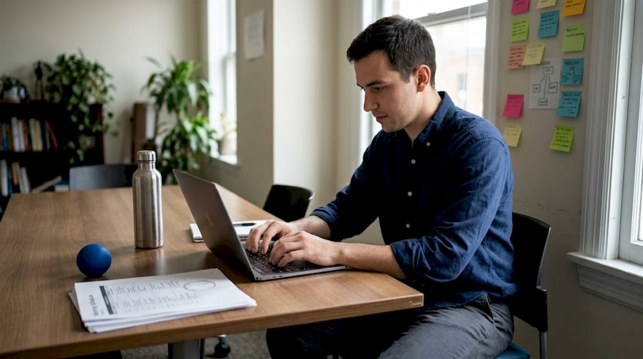 Man working confidently, natural subtle makeup visible