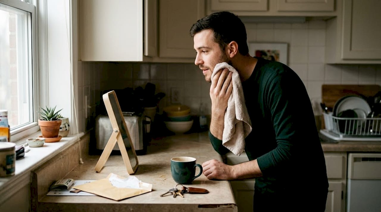 Man prepping face for morning concealer in kitchen