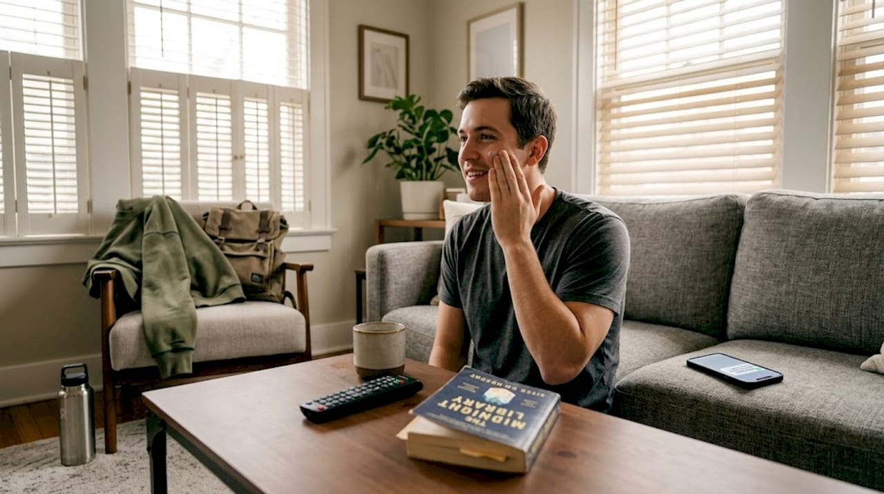 Man applying moisturizer in casual living room setting