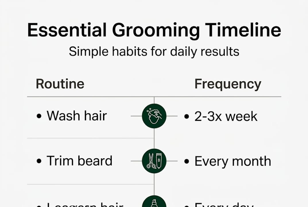 Grooming routine infographic with key steps and timing