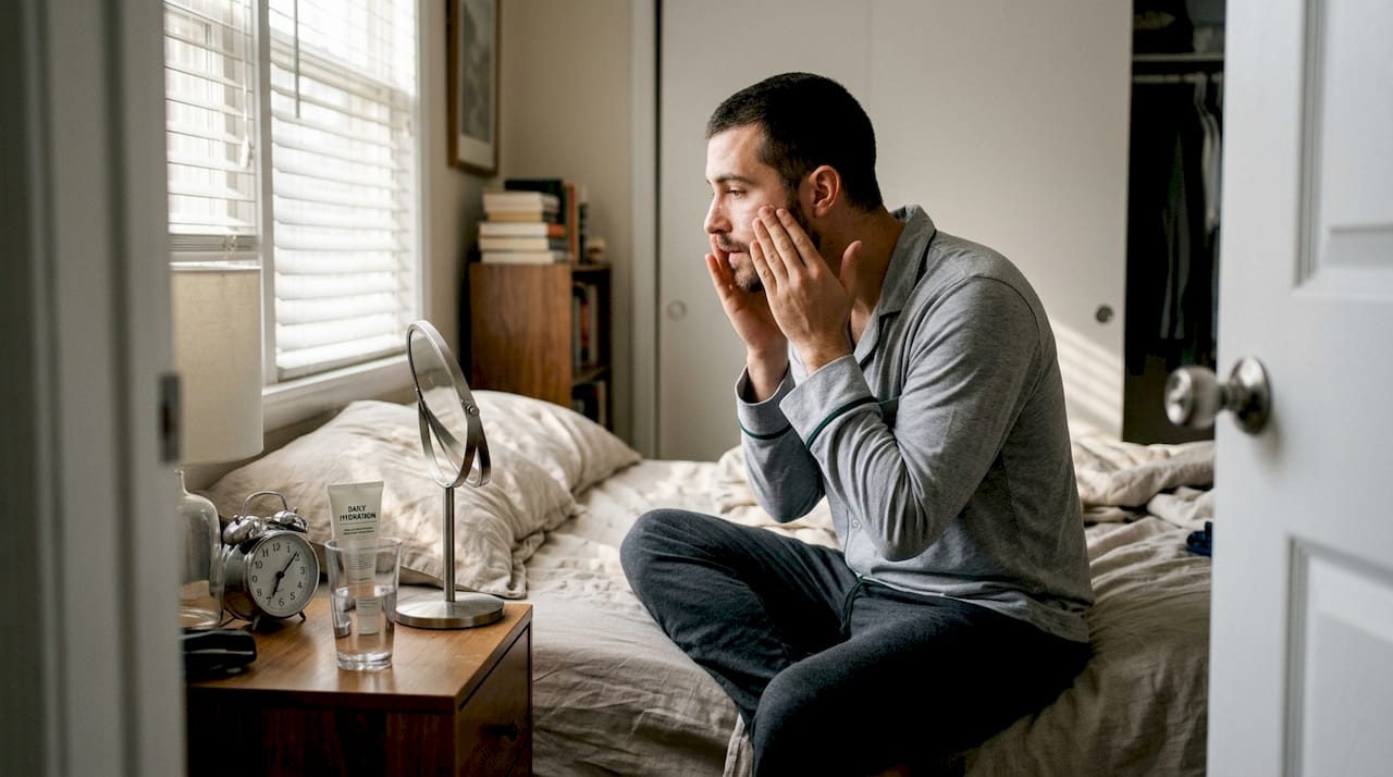 Man applies moisturizer in casual bedroom setting