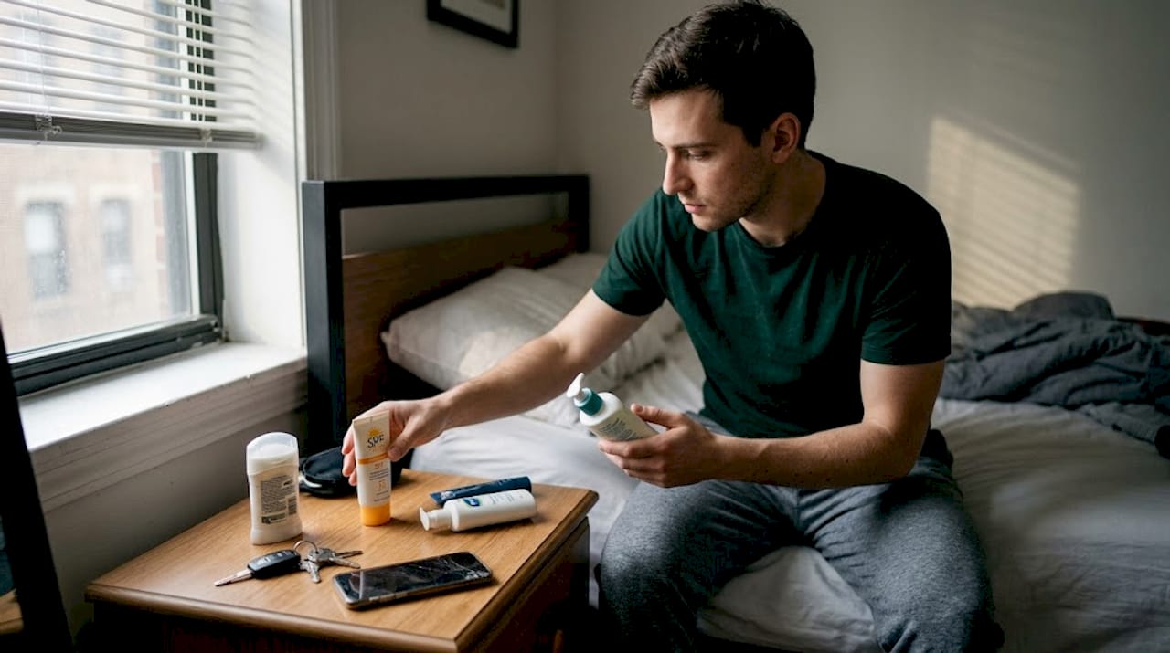 Man sorts basic grooming kit items