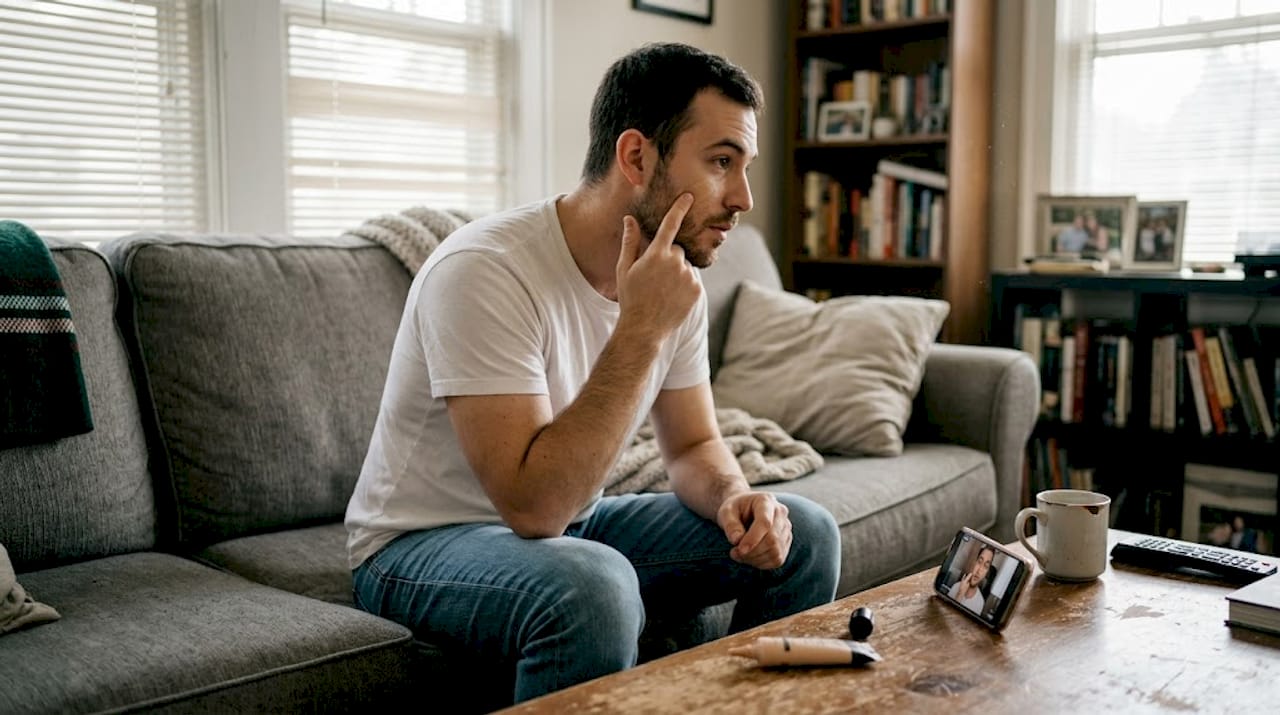 Man uses matte concealer in living room