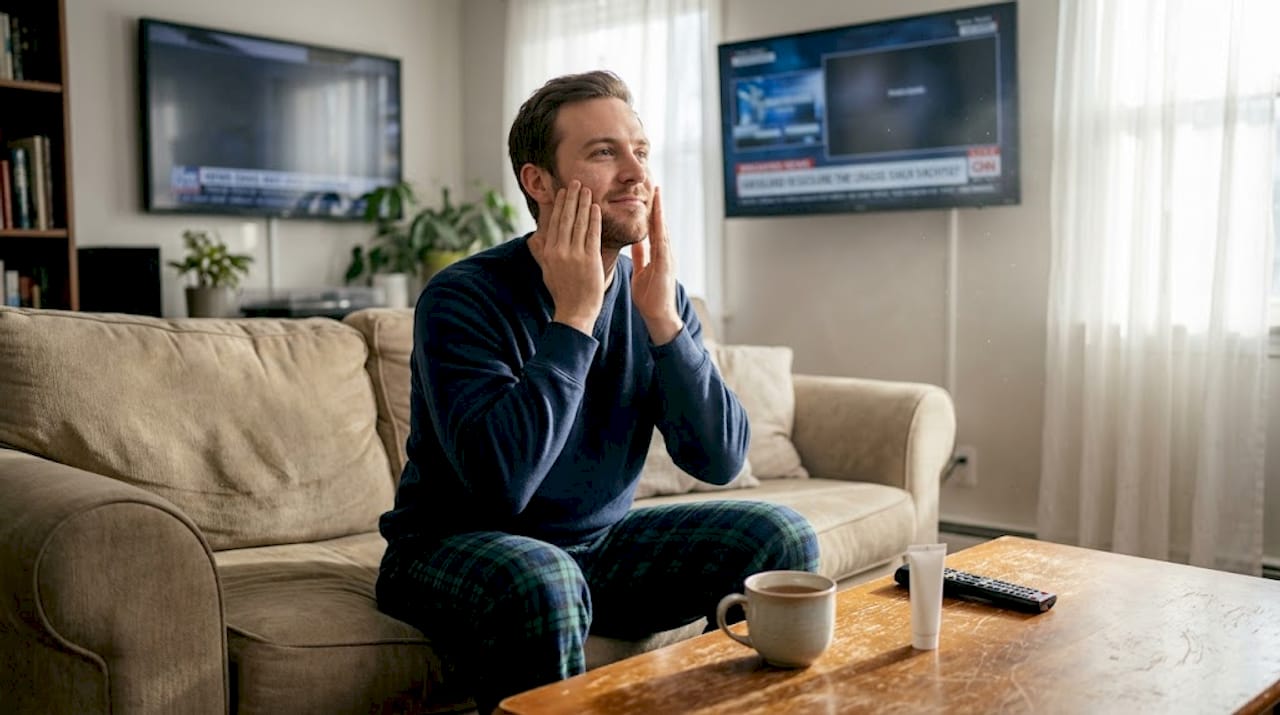 Man preparing skin for makeup at home