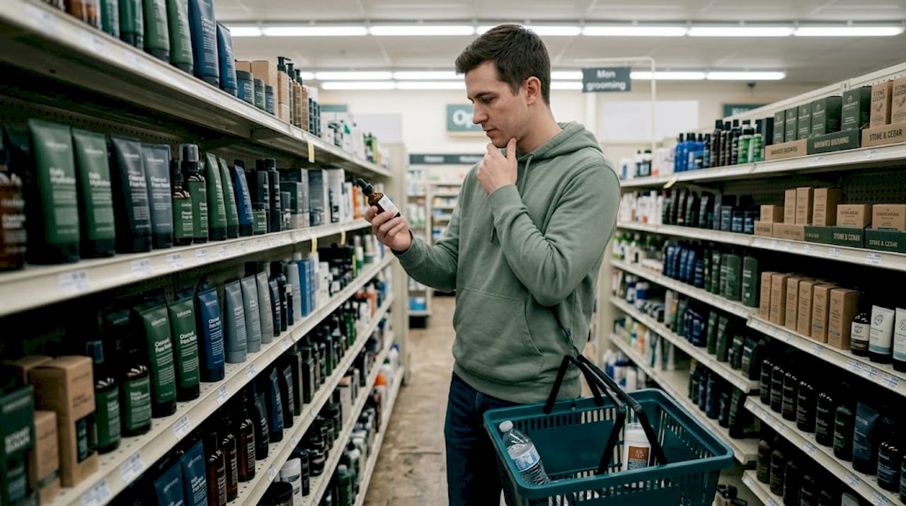 Man choosing men's grooming products at pharmacy