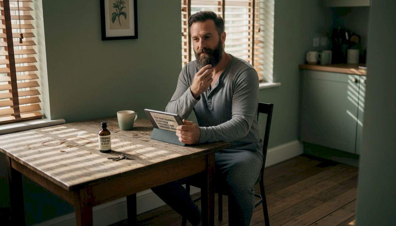 Man brushing beard at kitchen table