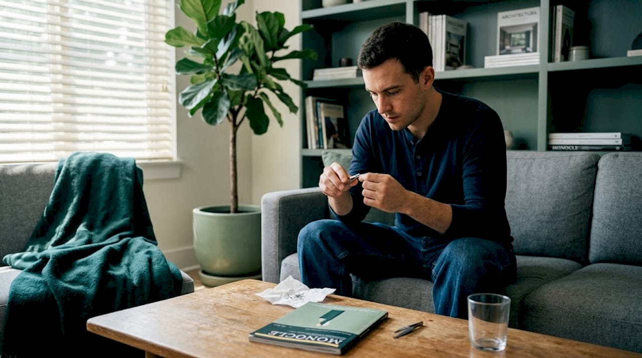 Man trimming nails in cozy living room