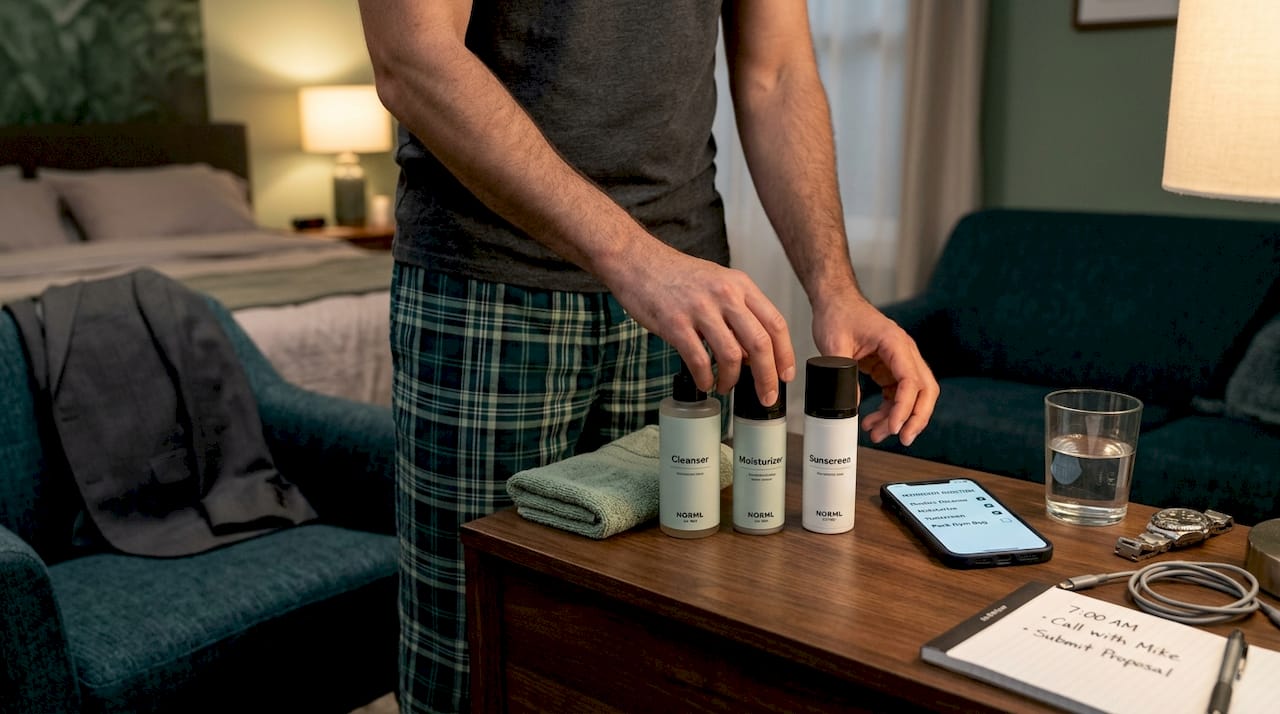 Man preparing skincare items night before