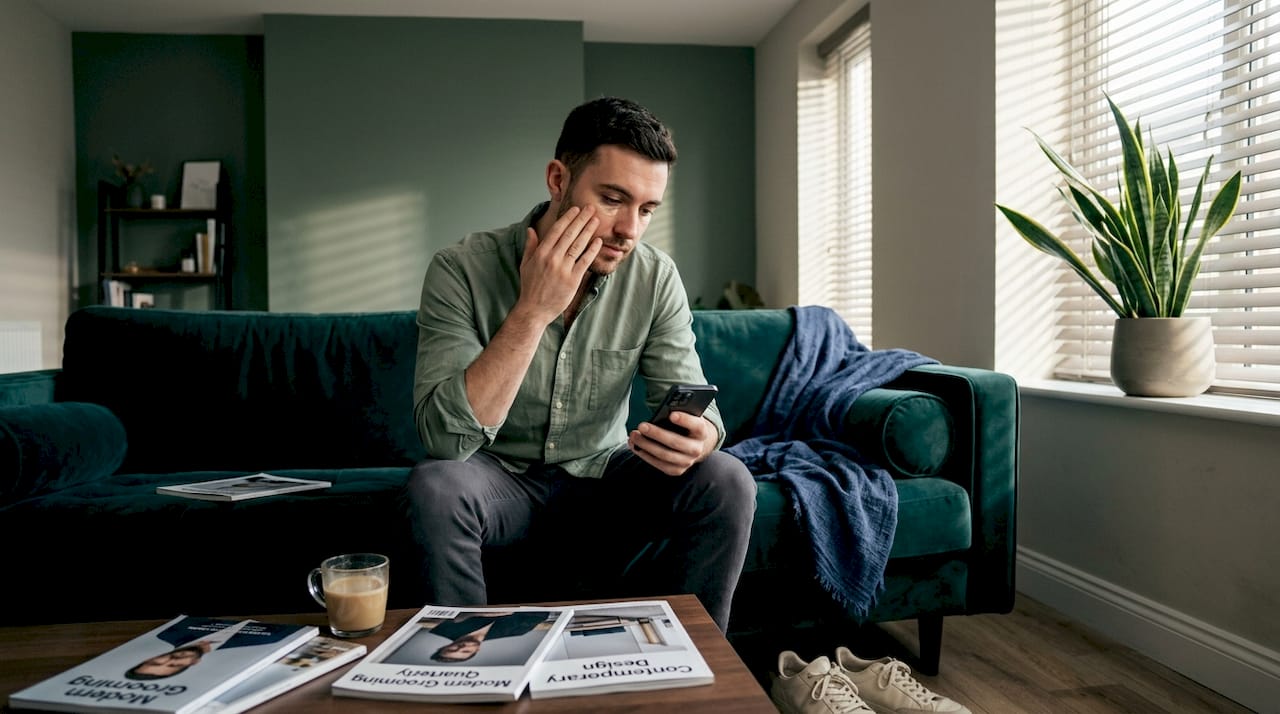 Man uses concealer in living room
