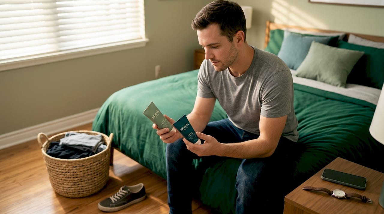 Man choosing skincare product near bed