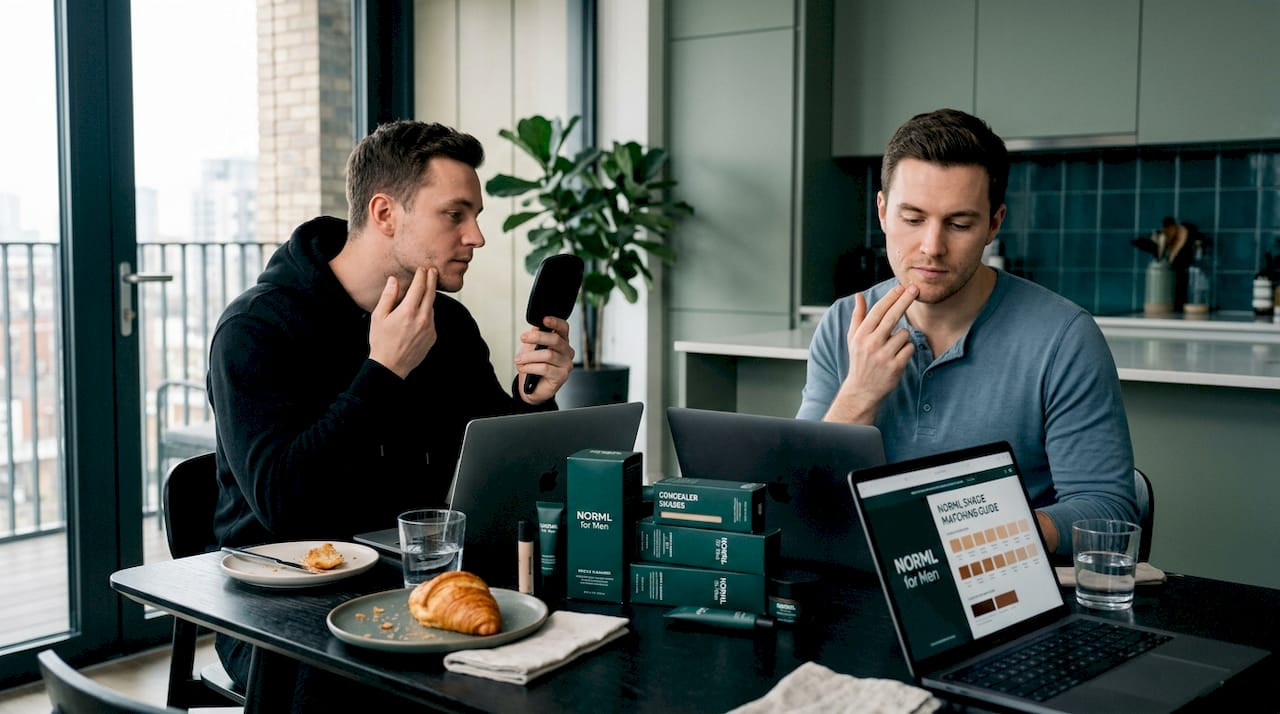 Two men testing concealer shades at table