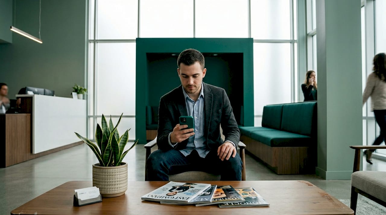 Nervous man checks appearance before interview
