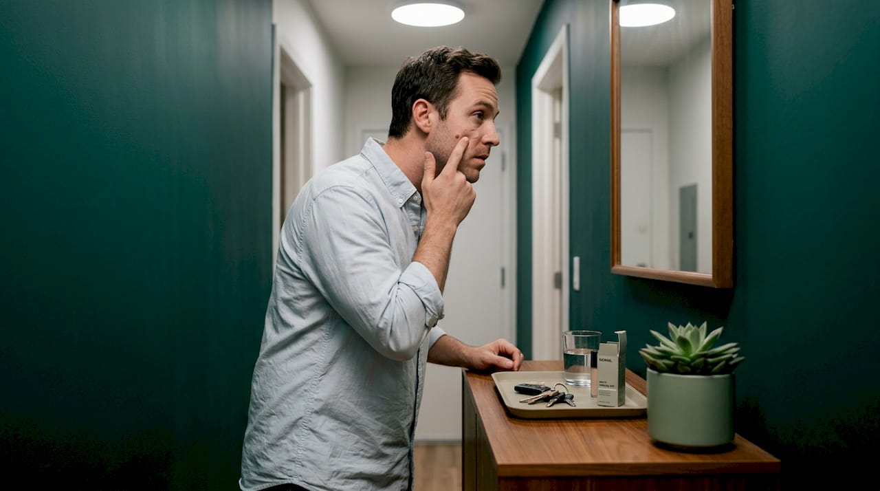Man blending concealer at hallway mirror