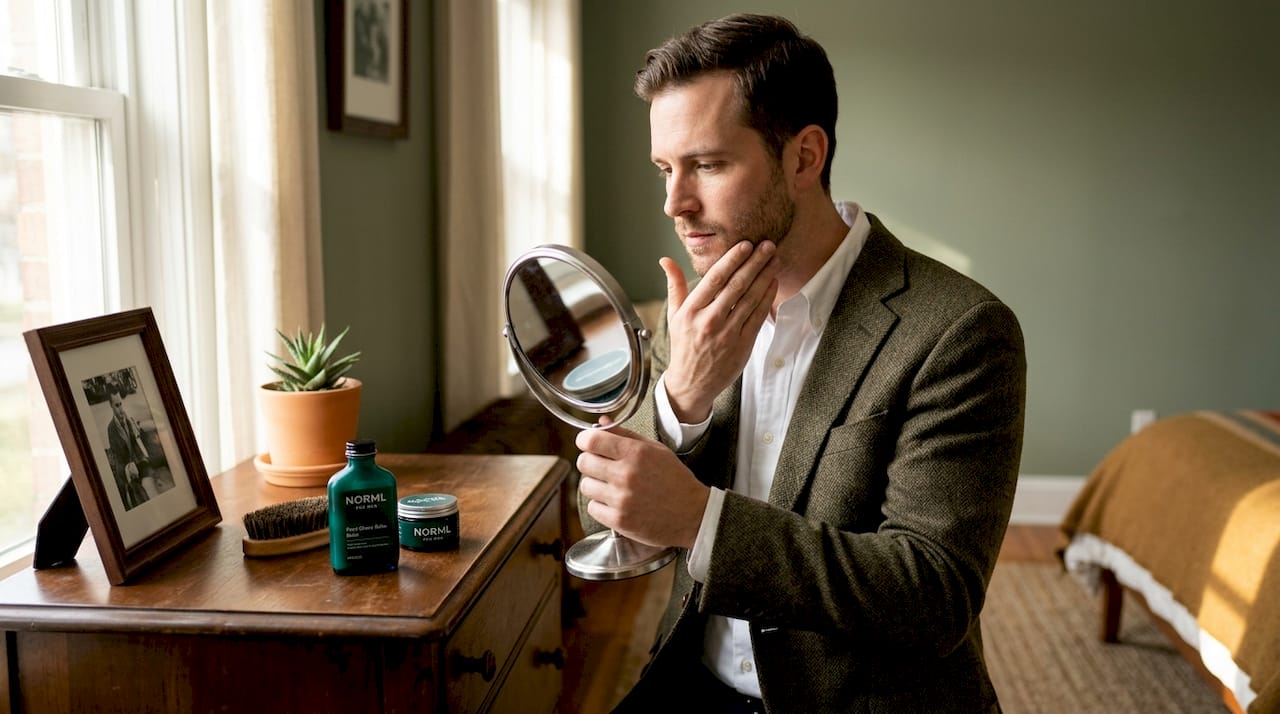 Man checking subtle makeup before leaving