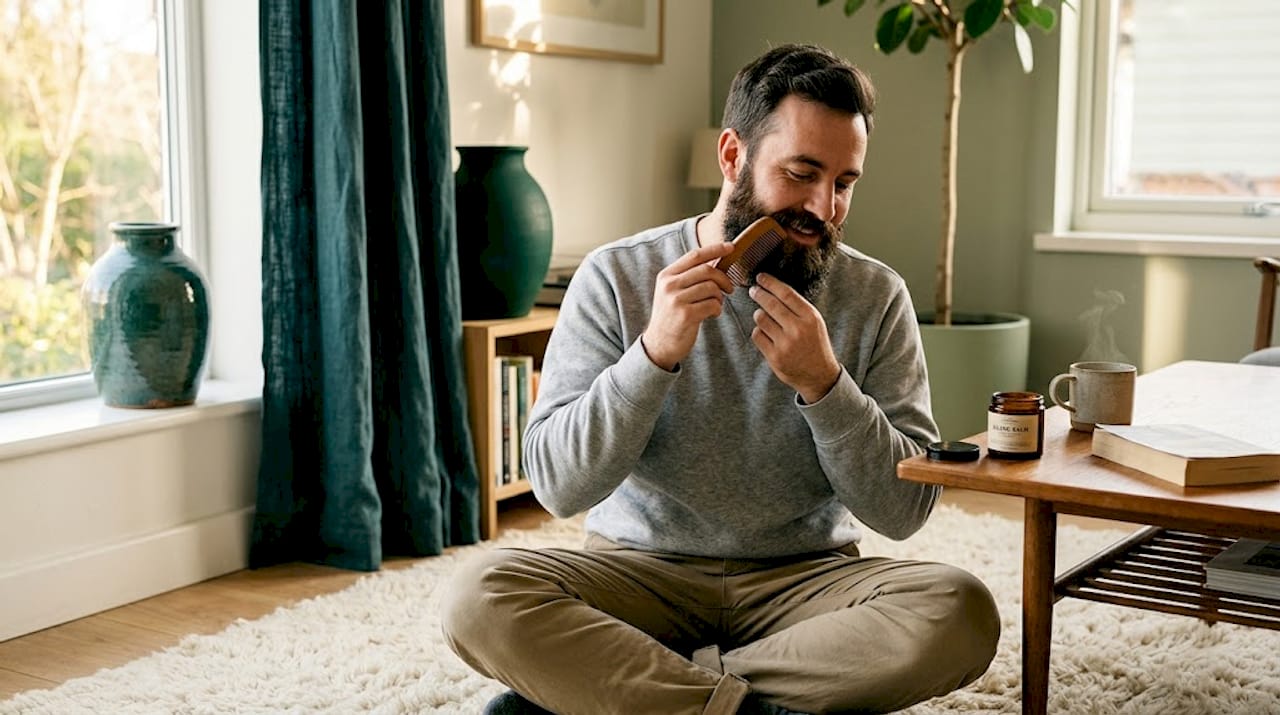 Man combing beard in bedroom