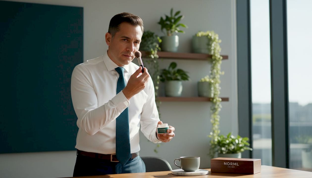 Man with matte skin under office lights