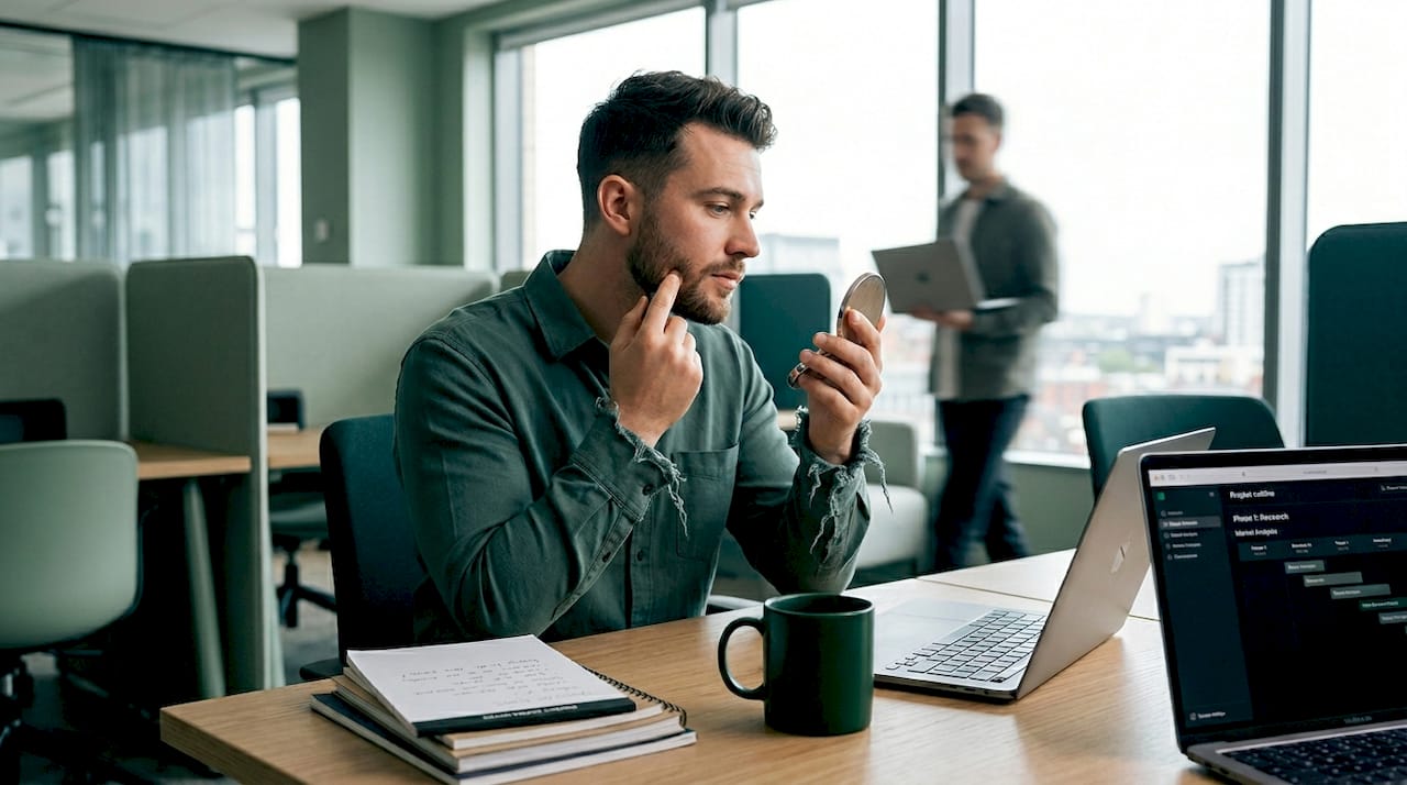Professional man touching up makeup at workspace