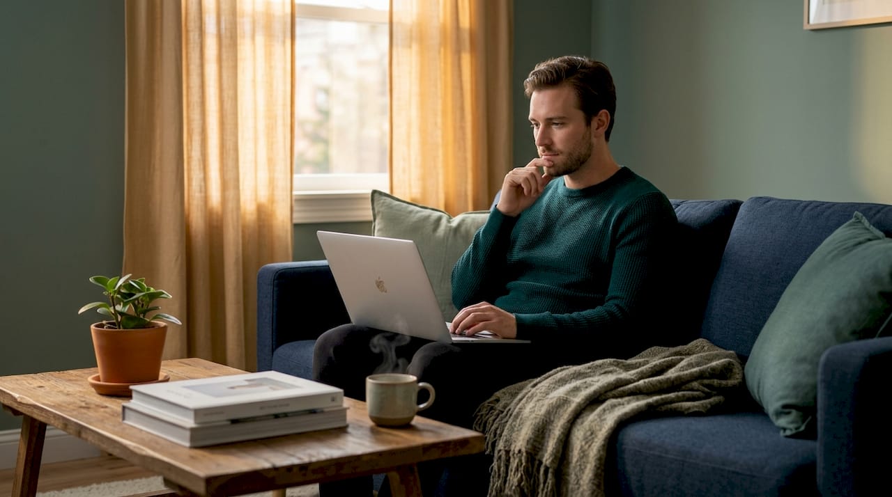 Man with subtle natural makeup relaxing living room