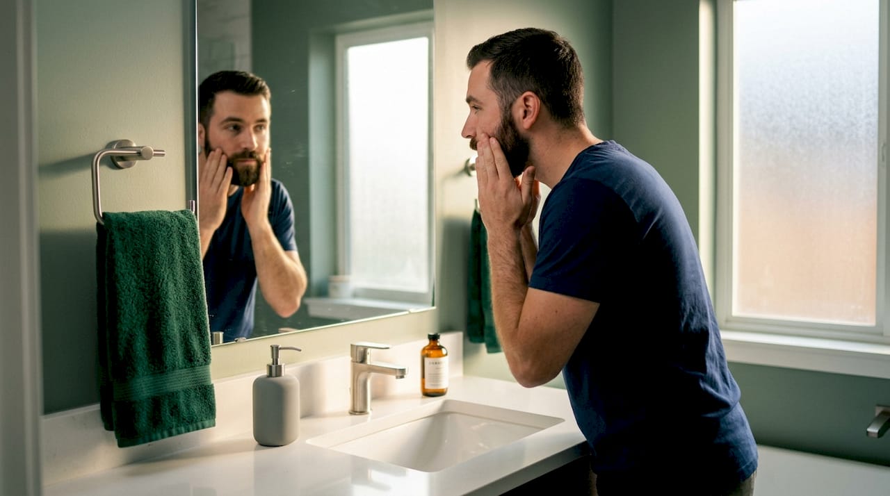 Man finishing skincare at bathroom sink