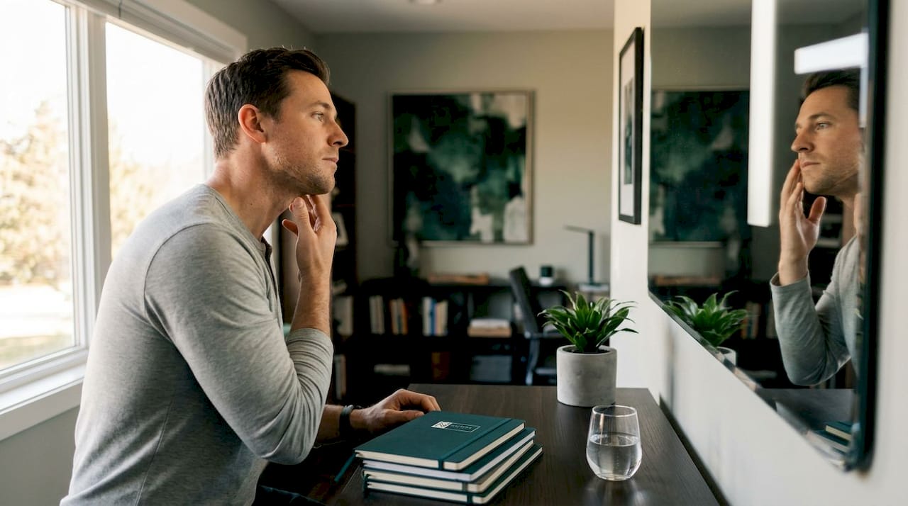 Man gently blending makeup at bedroom desk