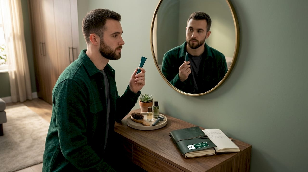 Man examines concealer in casual bedroom